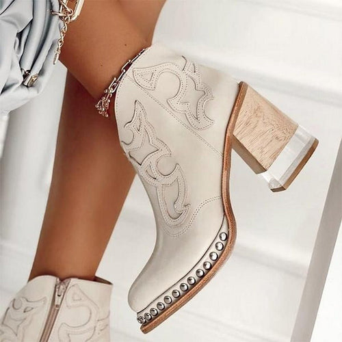 Bottine Jersey Blanc Vegas, broderies western et talon bloc