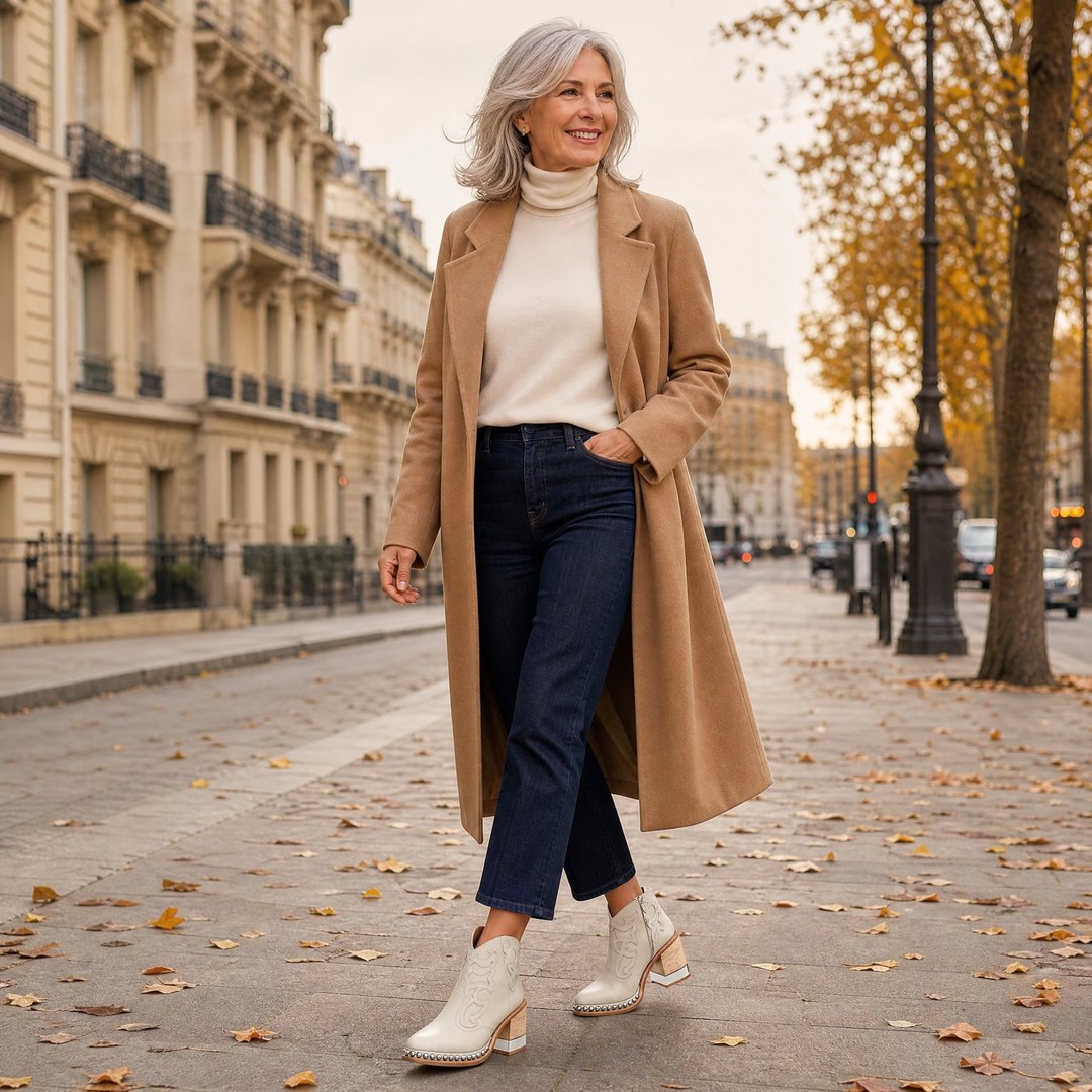 Femme portant la Bottine Jersey Blanc Vegas sur un boulevard en automne