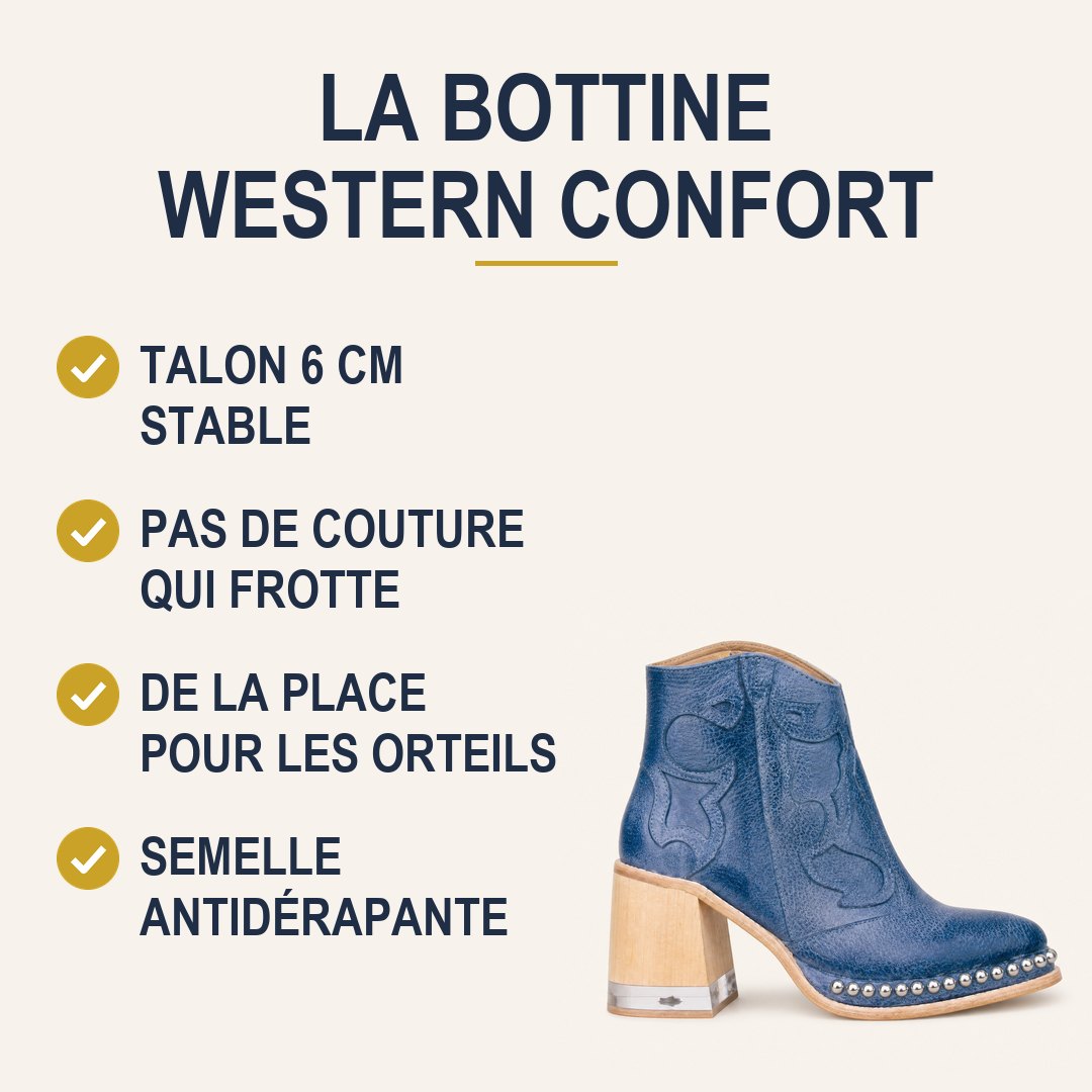 La bottine western confort : talon 6 cm stable, pas de couture qui frotte, place pour les orteils, semelle antidérapante