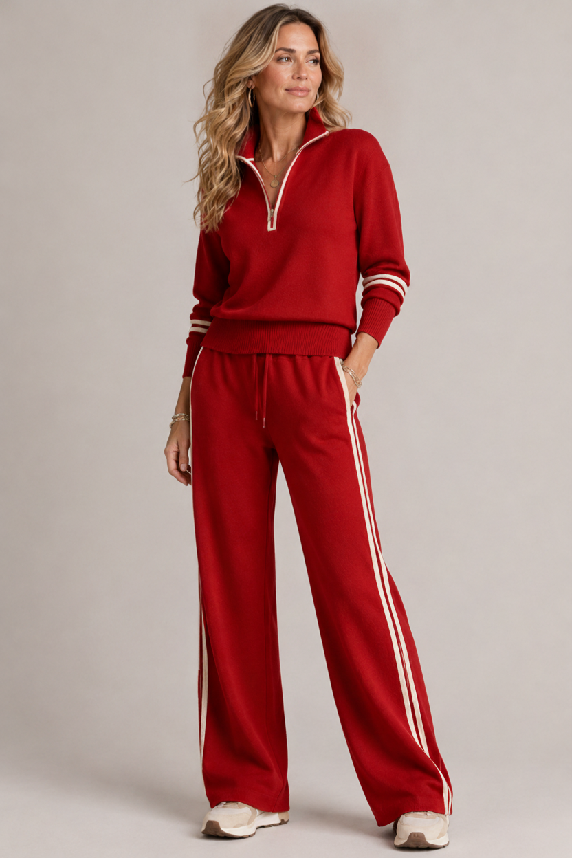 Ensemble Kate rouge, rayures ecru