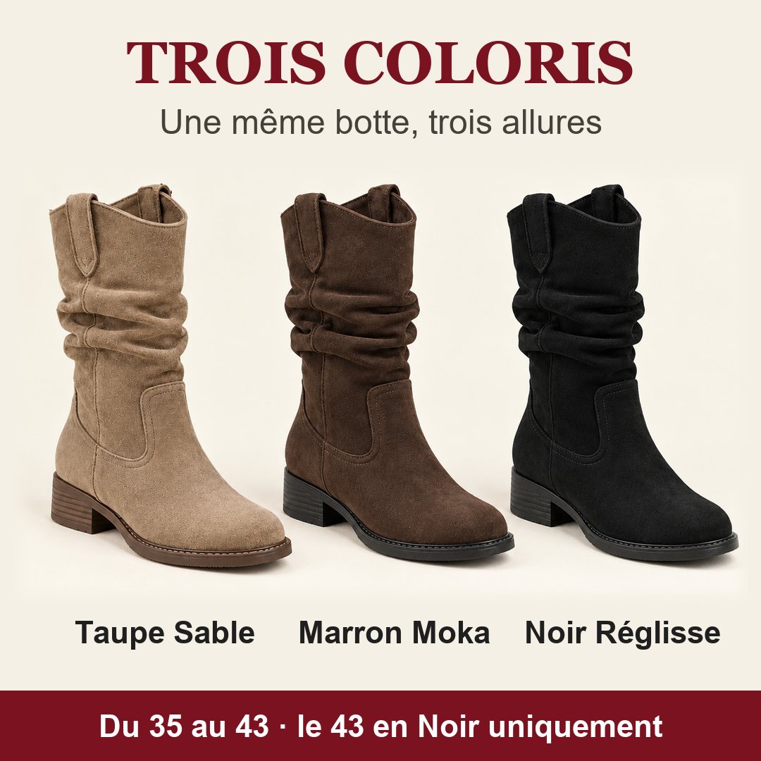 Trois coloris de la botte Solène : Taupe Sable, Marron Moka et Noir Réglisse