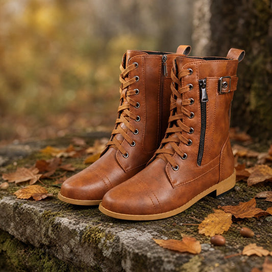 Bottes hautes Elise Winston marron texan avec zip, portées en extérieur