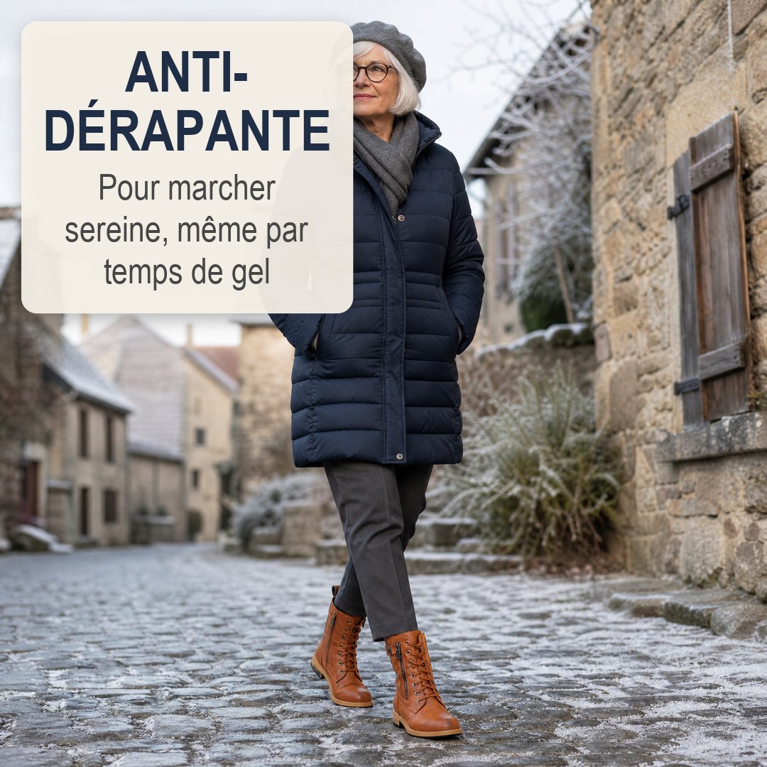 Semelle antidérapante de la botte Elise Winston sur sol gelé