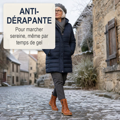 Semelle antidérapante de la botte Elise Winston sur sol gelé