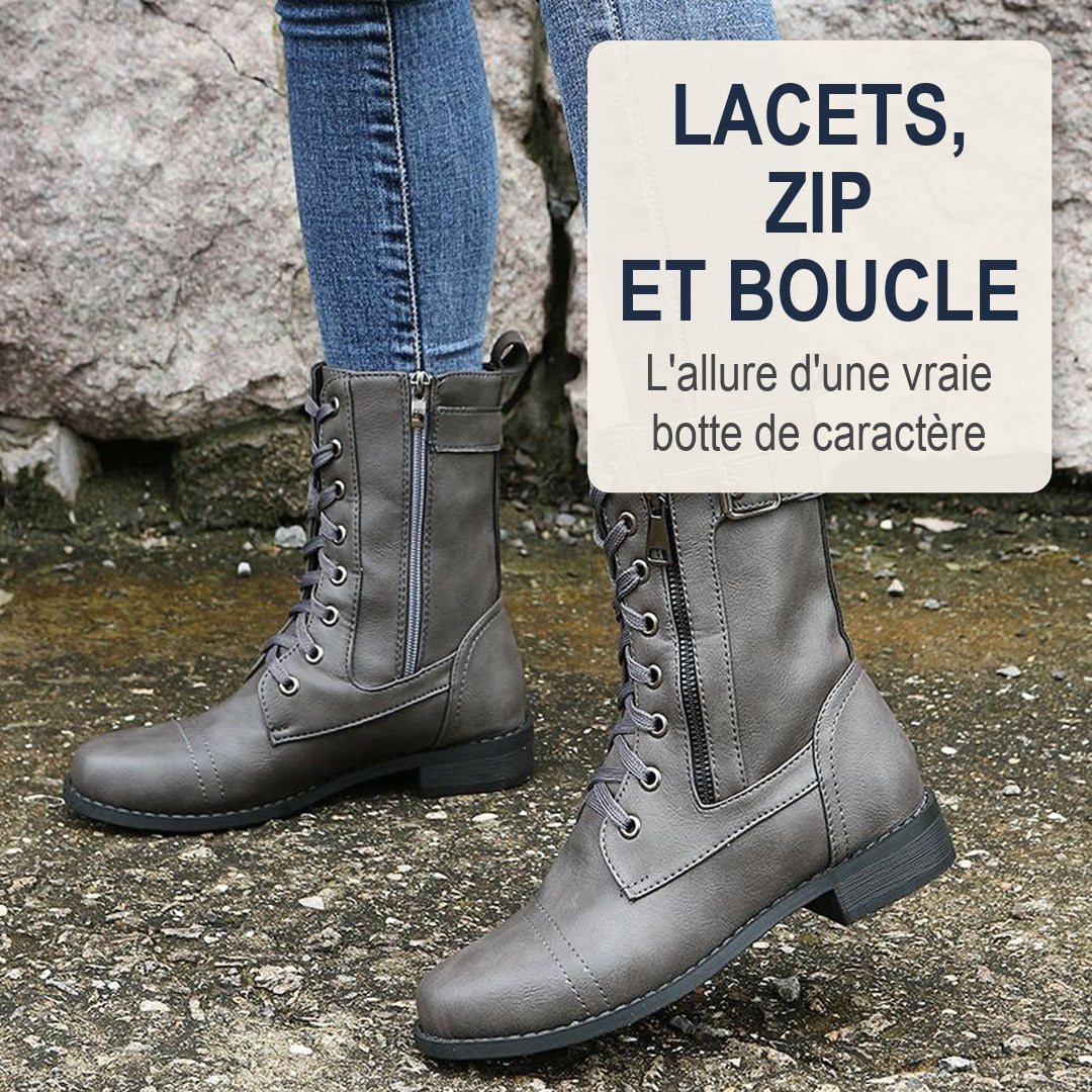 Détails de la botte Elise Winston : lacets, zip et boucle